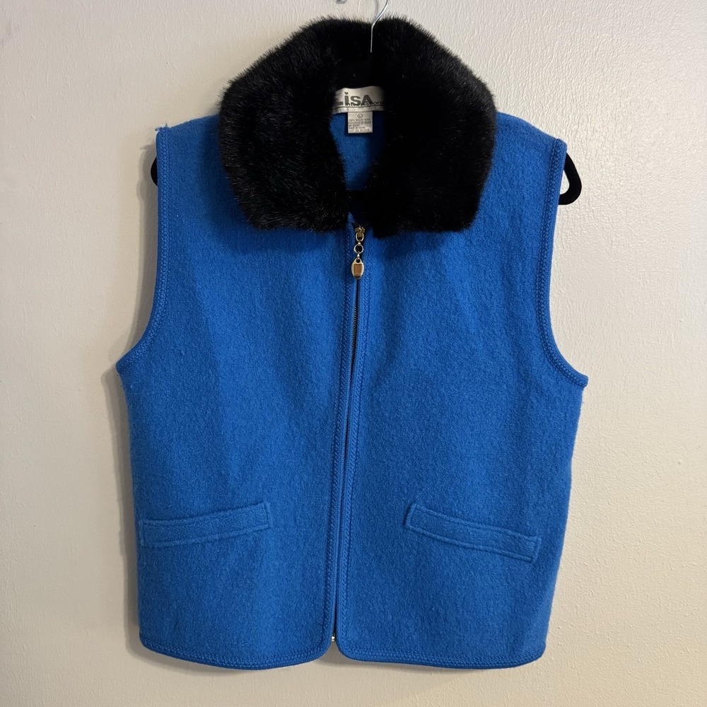Lisa International Vintage Women's Boiled Wool Vest Blue Faux Fur Collar Size L